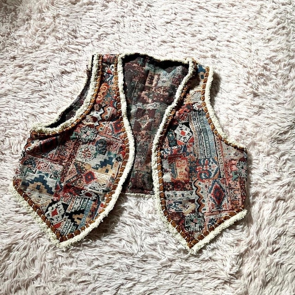Boho Tribal Patchwork Grandma Core Tapestry Vest Womens XL Western Indie Fringe